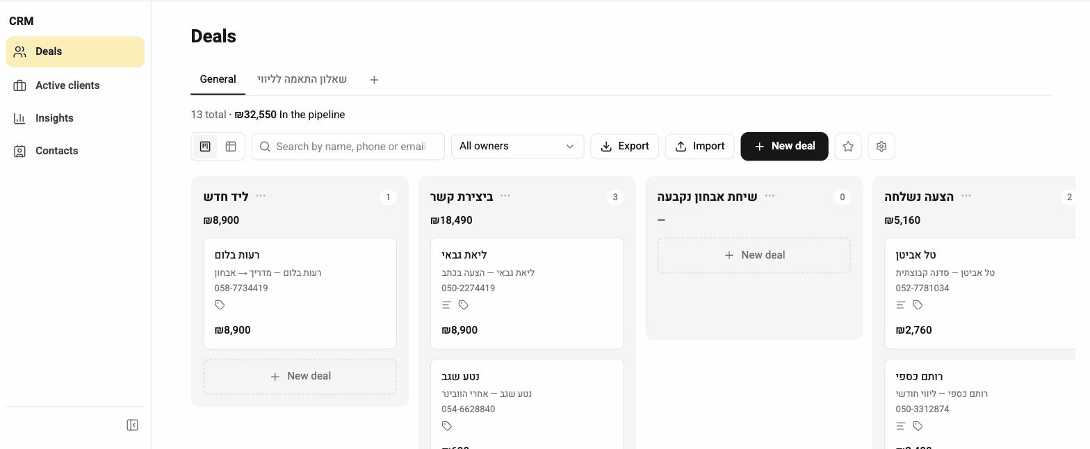 The deals board: the New deal button, the search and export toolbar, and columns by stage — each with its count, its total and cards inside it.