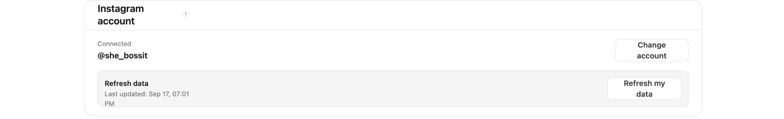 The Instagram account card in the platform settings: the connected account, change account, and refresh data.