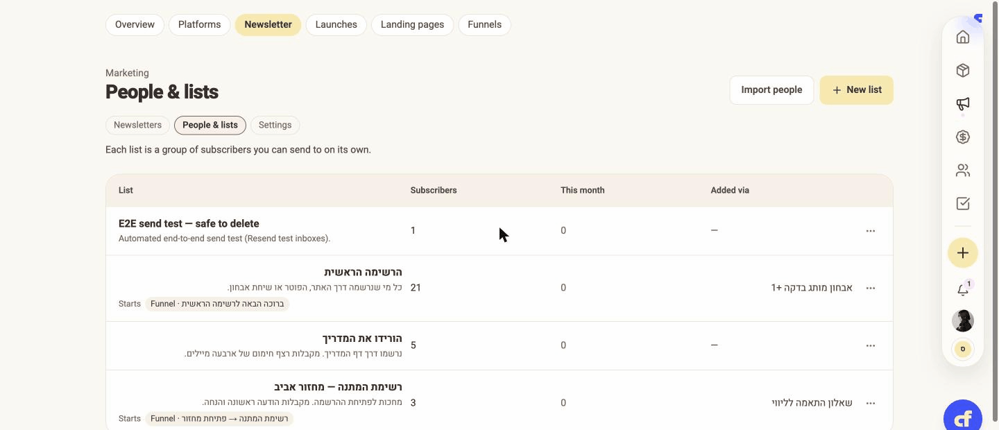The newsletter lists screen: the add-list button, and below it the lists — each with a name, a one-line description, a subscriber count and its actions.