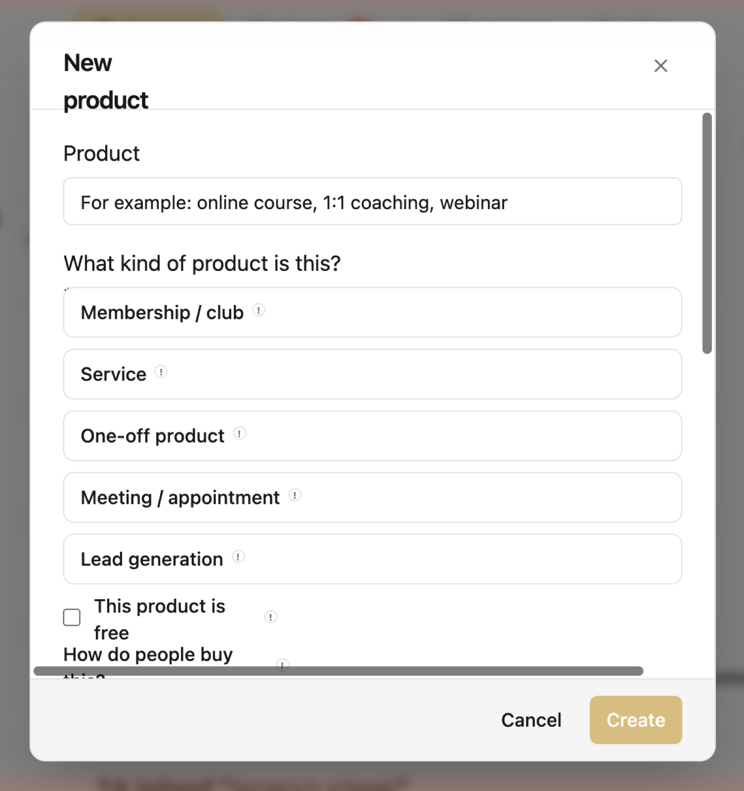 The New product dialog: product name, the five product types, and the free-product checkbox.